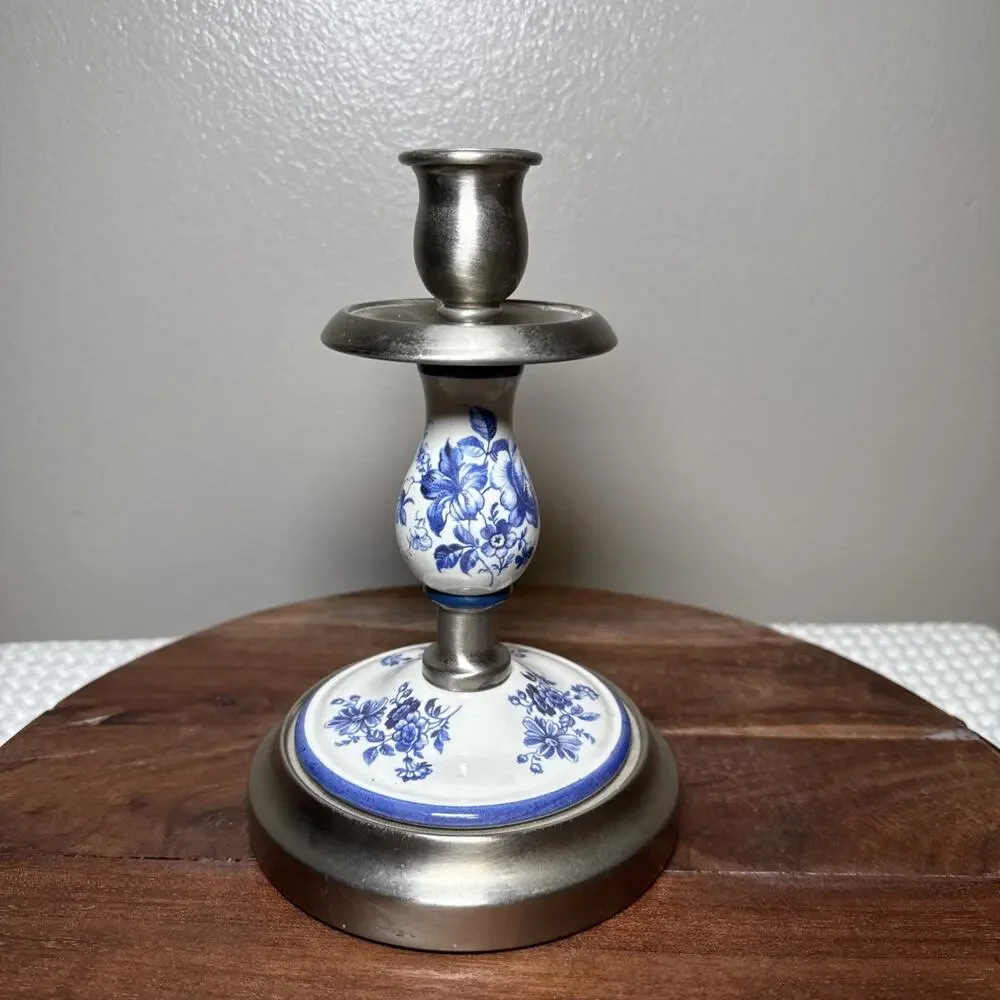 Vintage I.M. Schaffer Brooklyn Blue White Floral Ceramic Metal Candlestick MCM